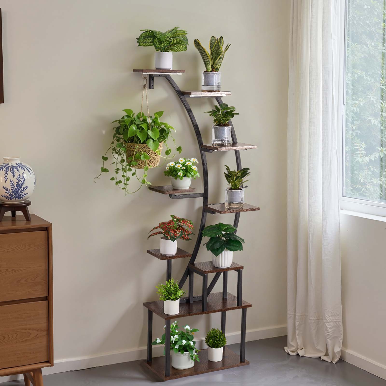 Plant Stand Indoor With Grow Lights, 63 In Tall 9-Tier Lighted Plant Shelf, Metal Corner Plants Holder, 3 Timer & 10 Brightness, Curve-Shaped Flower Display Rack For Living Room Balcony Decor_maomaolike.com